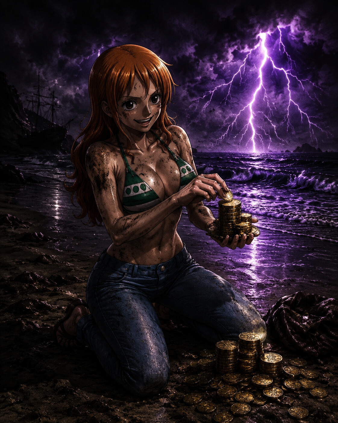 Counting a heavy stack of gold coins on a stormy beach under purple lightning (gritty cinematic noir)