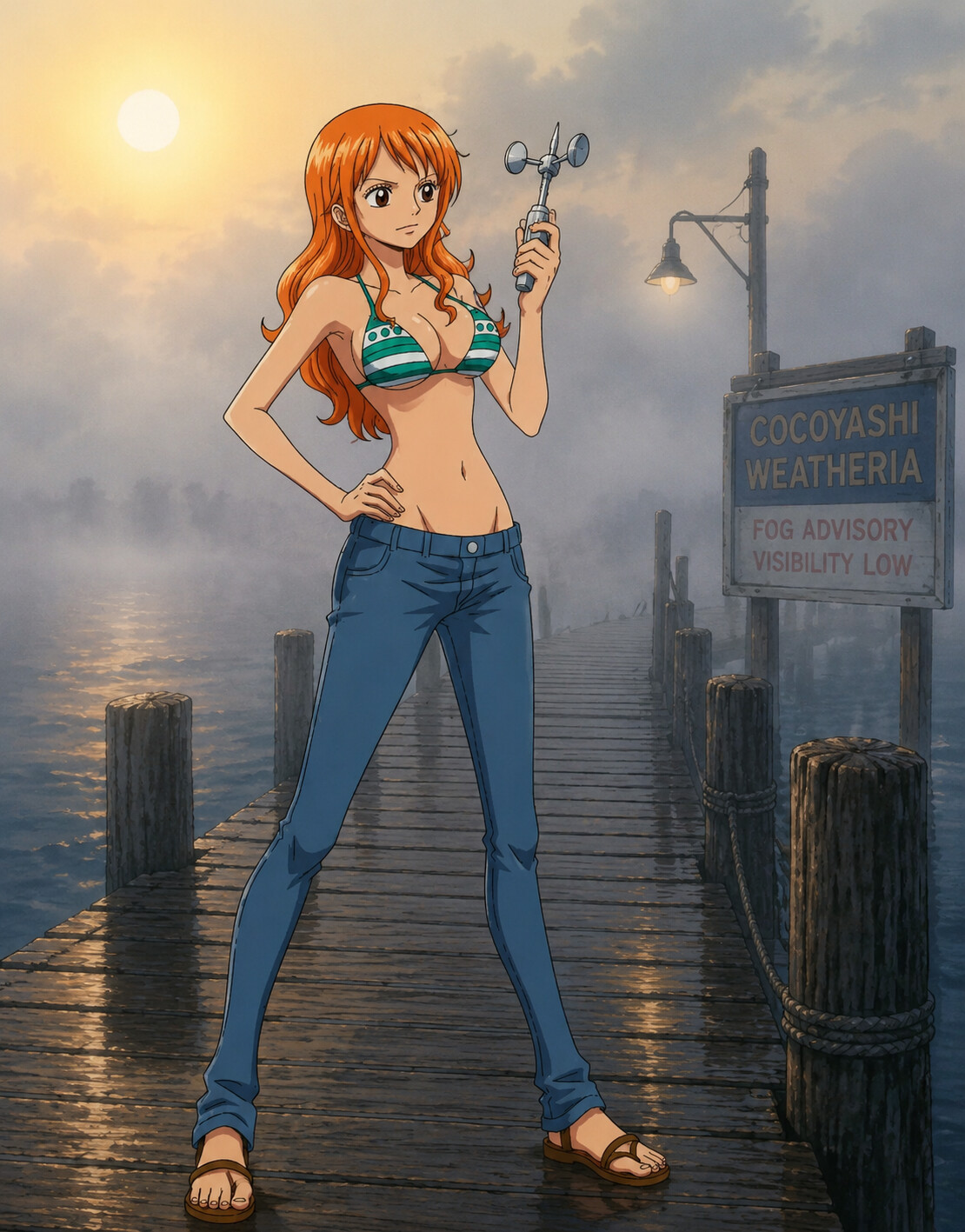 Inspecting a Clima-Tact under the sun on a foggy pier during early morning (retro 90s cel-shaded anime look)