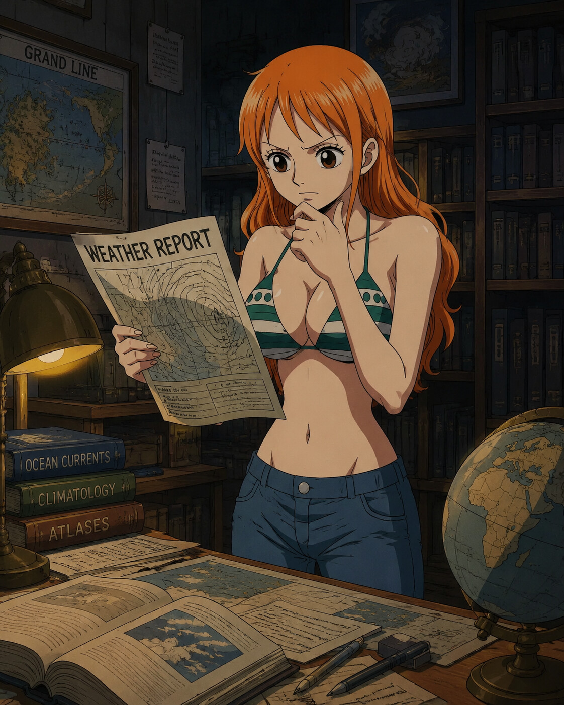 Reading a weather report with a focused expression at a dimly lit library filled with maps (retro 90s cel-shaded anime look)