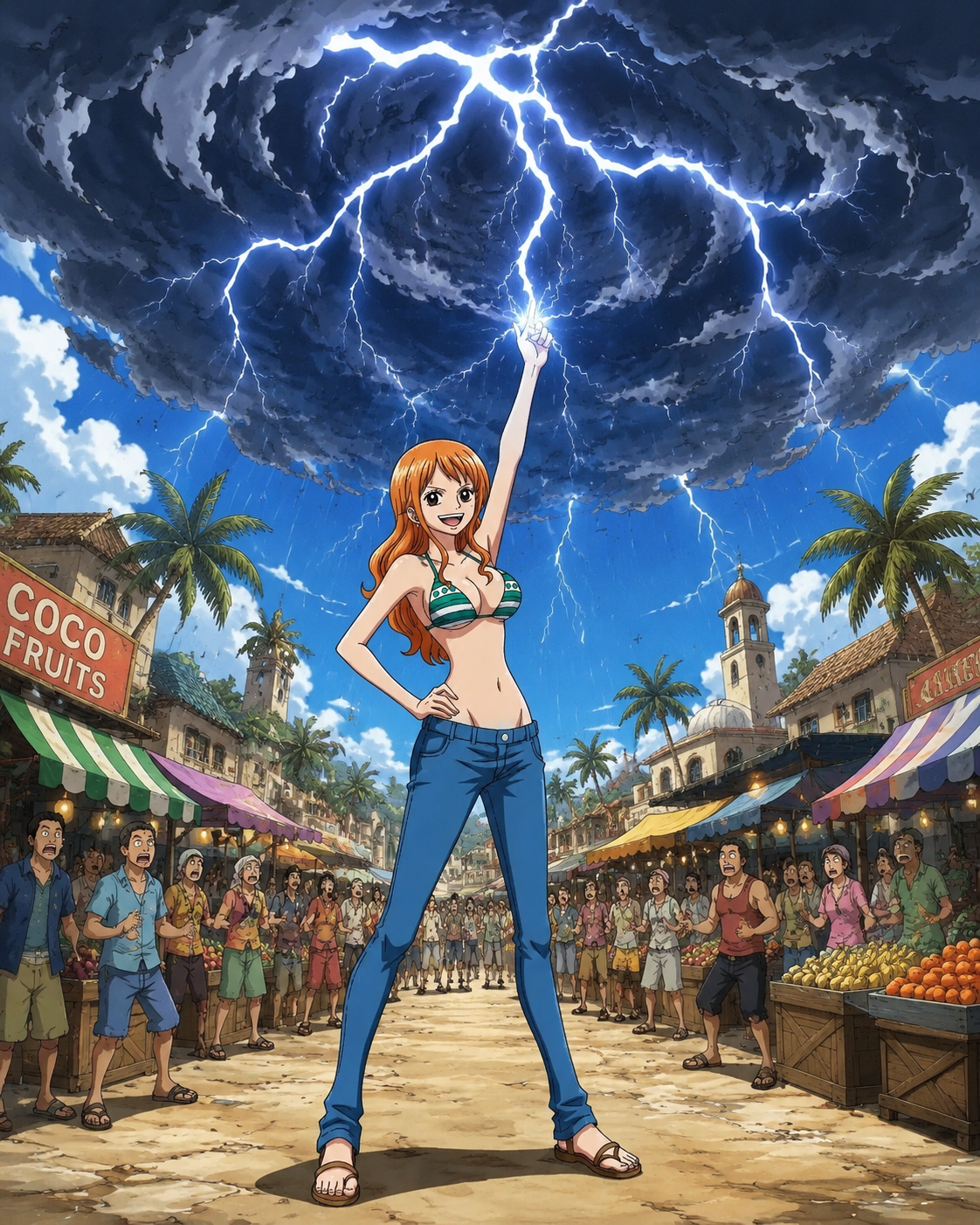 Summoning a massive thunderstorm from the sky In a bustling tropical marketplace at noon (retro 90s cel-shaded anime look)