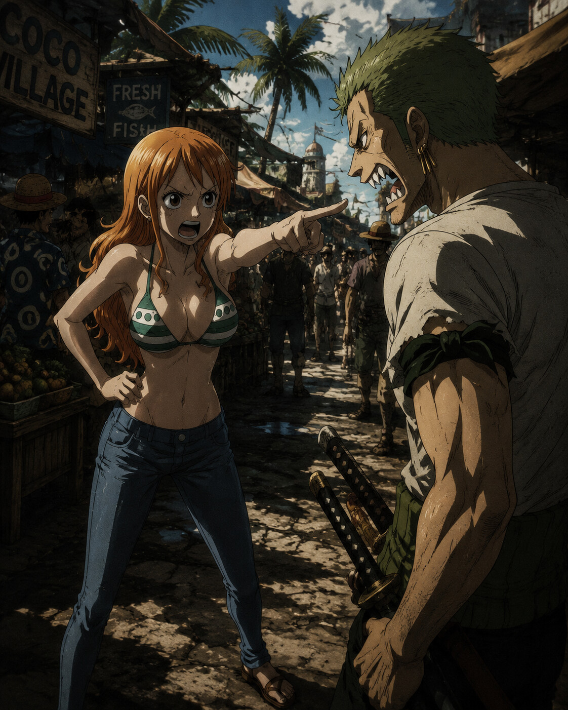 Yelling at a crewmate with sharp teeth in a bustling tropical marketplace at noon (gritty cinematic noir)