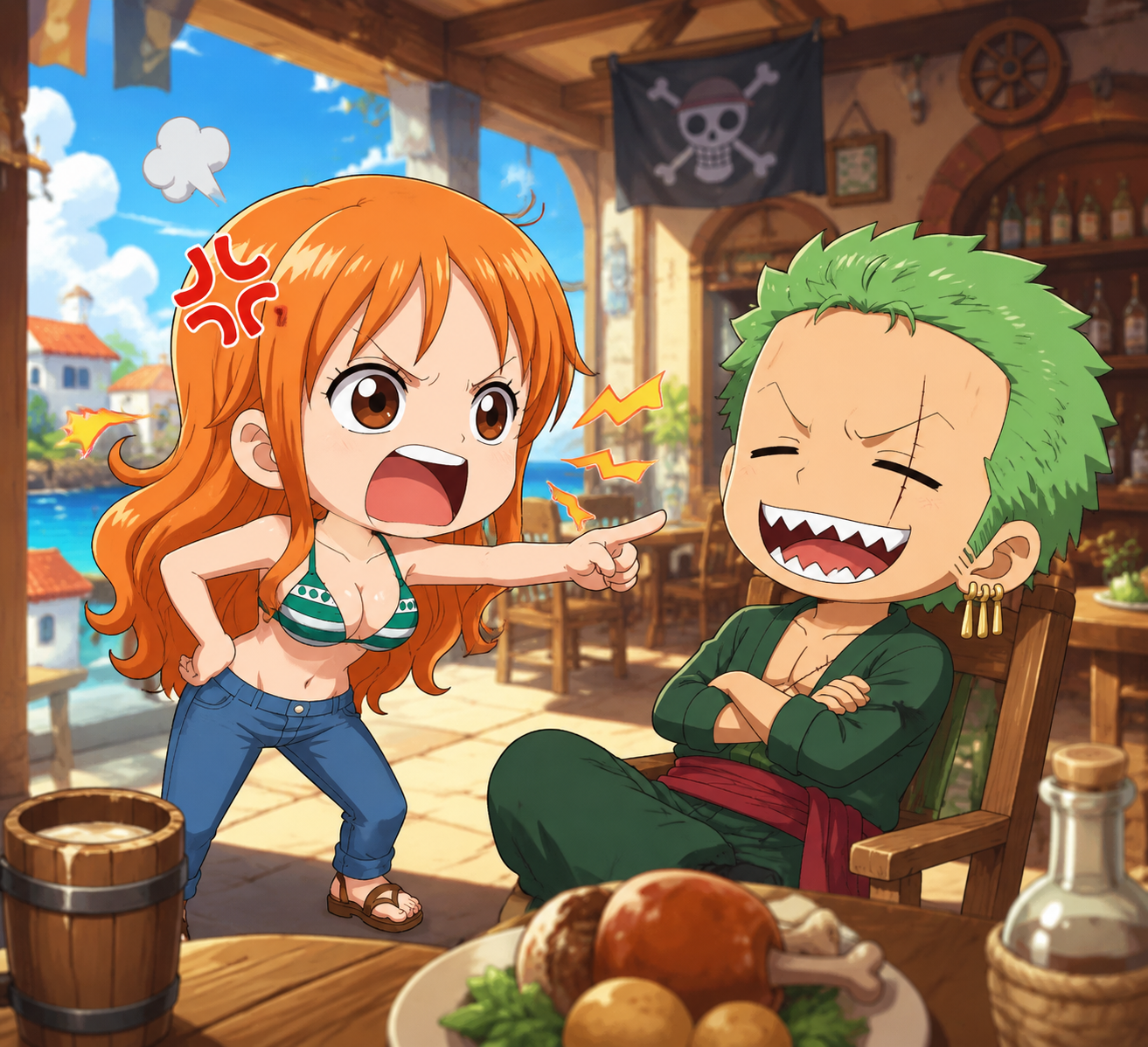 Yelling at a crewmate with sharp teeth In a sun-drenched coastal village tavern (chibi aesthetic, cute and bubbly)
