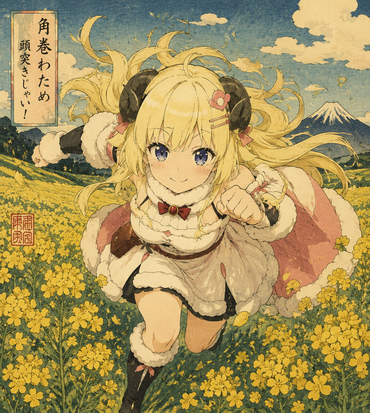 Charging forward with a playful headbutt In a sun-drenched meadow of yellow flowers (ukiyo-e woodblock print style)