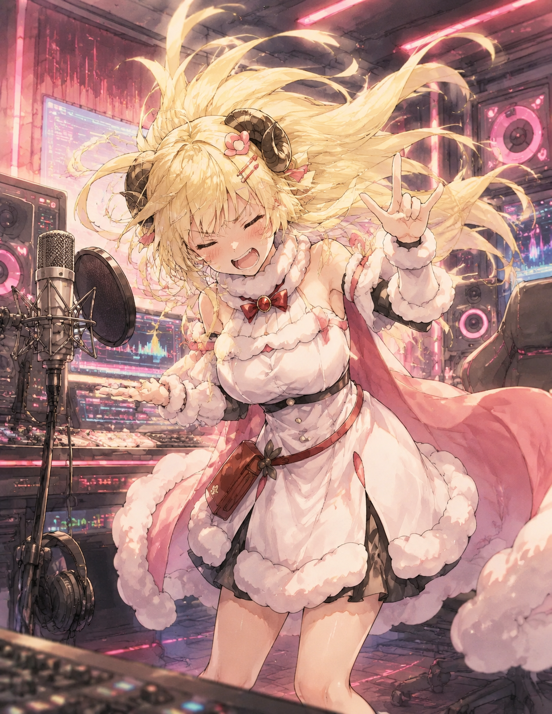 Headbanging to aggressive heavy metal music In a futuristic neon-lit recording studio (soft watercolor anime, warm lighting)