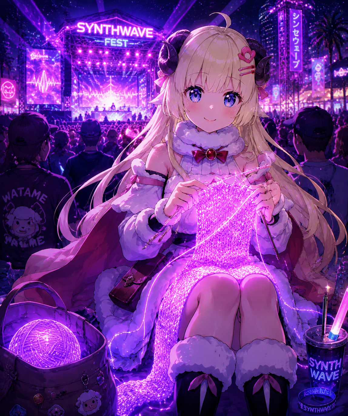 Knitting a scarf with glowing yarn At a crowded outdoor music festival (vibrant synthwave, neon purple highlights)
