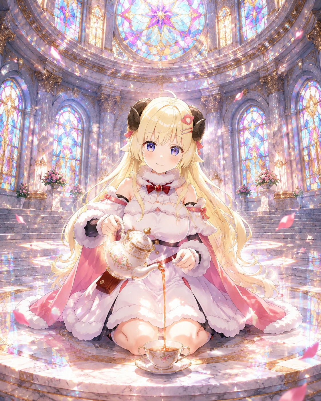 Pouring hot tea into a ceramic cup At the center of a grand marble amphitheater (ethereal stained glass, luminous colors)