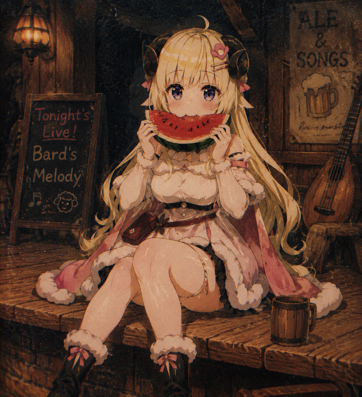 Snacking on a thick slice of watermelon At a rustic tavern's wooden stage (90s retro aesthetic, lo-fi grit)