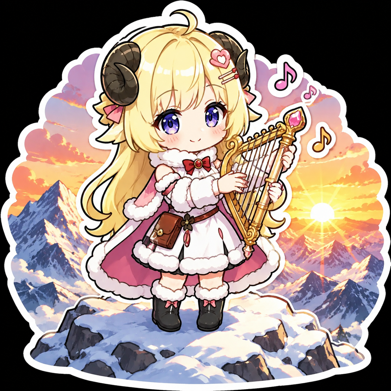 Strumming her golden harp On a snowy mountain peak at sunrise (chibi sticker art, bold outlines)