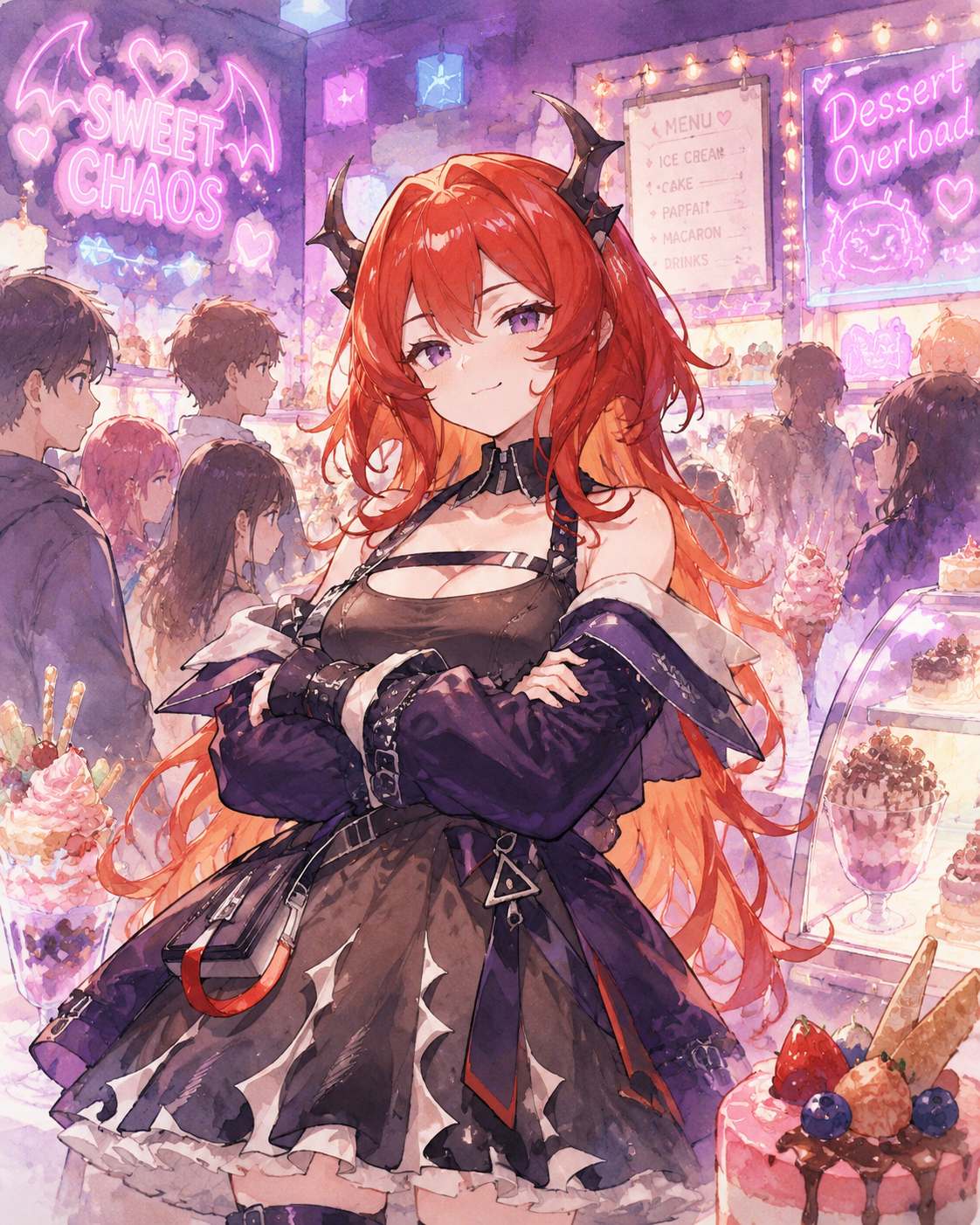 Crossing her arms with a confident smirk At a crowded neon-lit dessert shop (soft watercolor style, pastel aesthetic)
