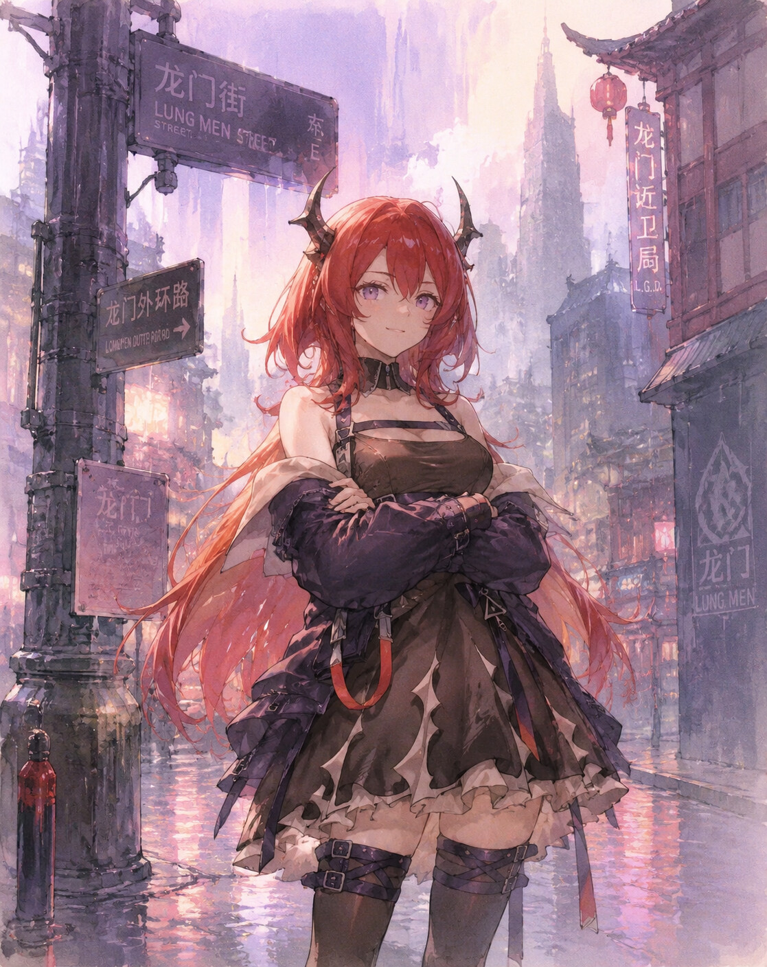 Crossing her arms with a confident smirk on a rainy street corner in Lungmen (soft watercolor style)