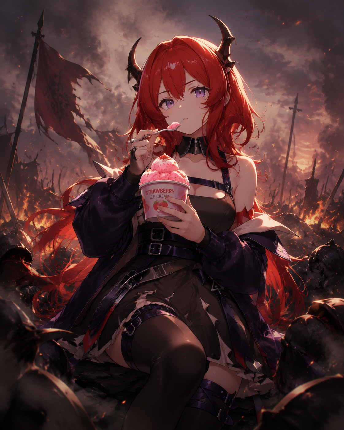 Eating a cup of strawberry ice cream At a chaotic battlefield shrouded in smoke (cinematic digital art, dramatic rim lighting)