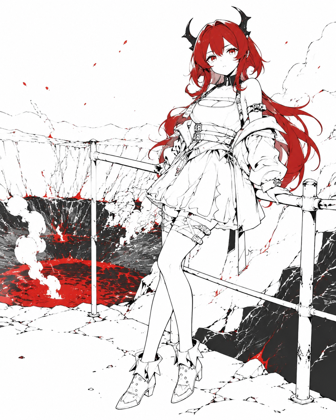 Leaning back against a metal railing At the edge of a smoldering volcanic crater (minimalist line art, bold red accents)