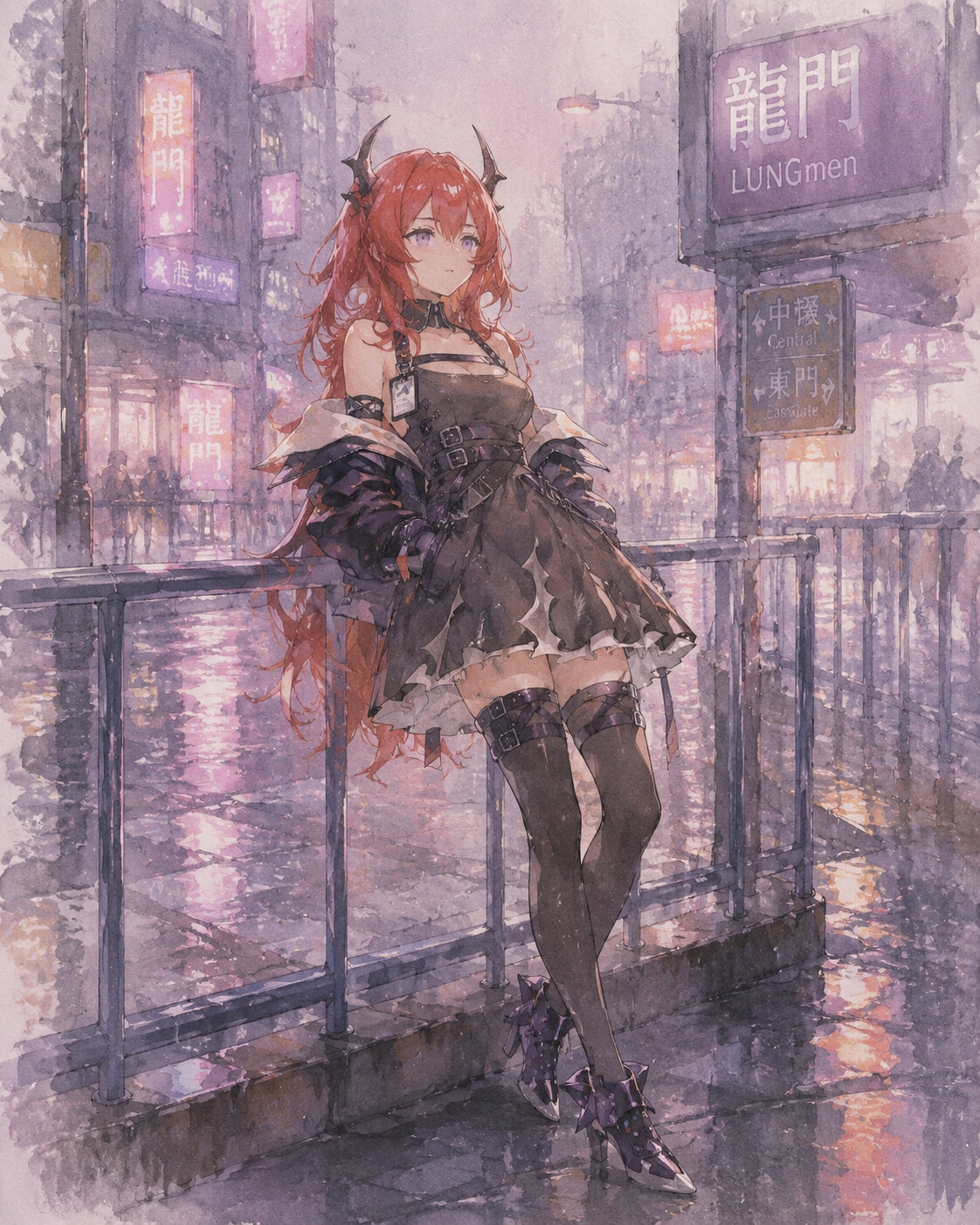 Leaning back against a metal railing on a rainy street corner in Lungmen (soft watercolor style)