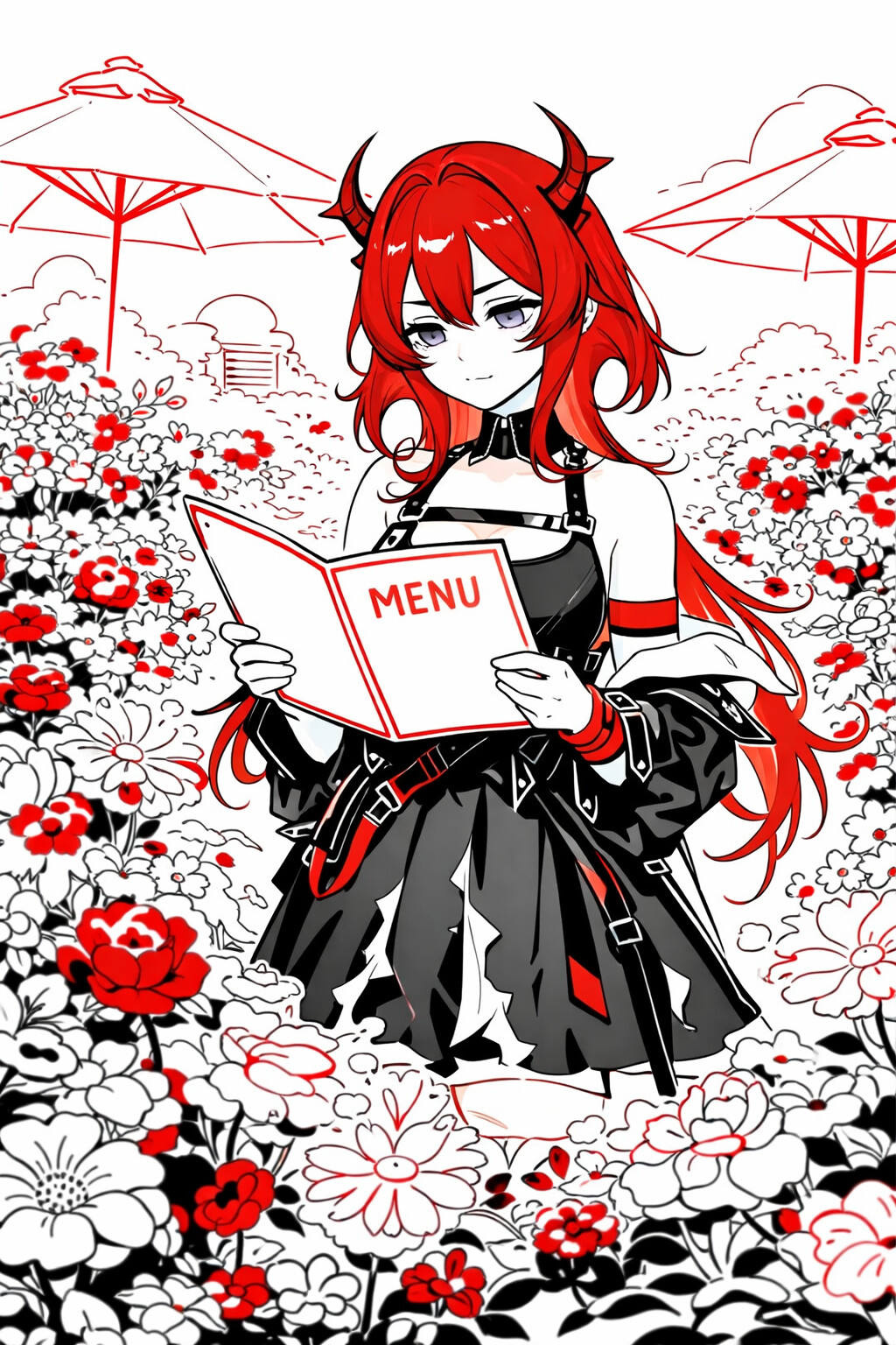 Staring blankly at a restaurant menu in a bright garden full of blooming flowers (minimalist line art)