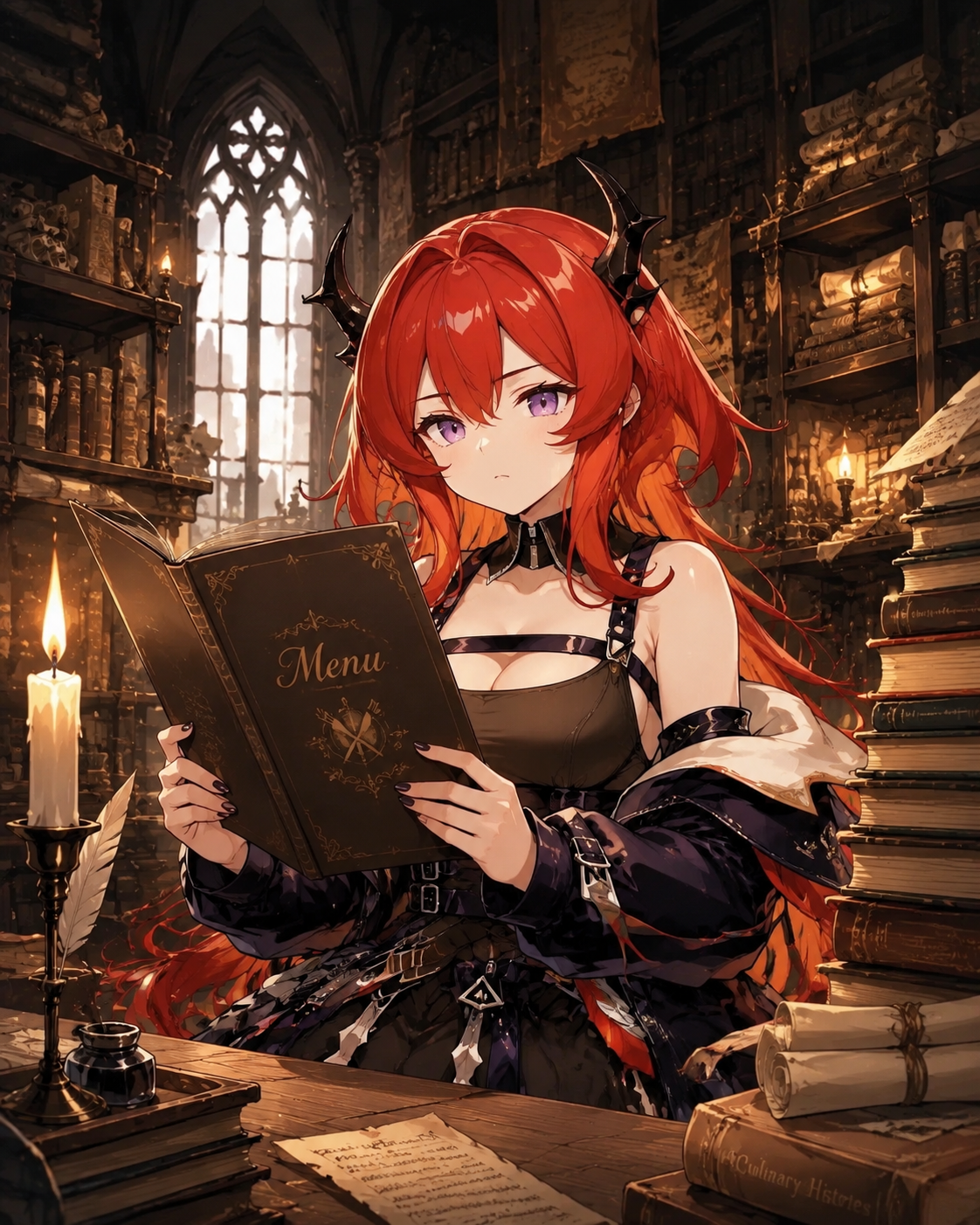 Staring blankly at a restaurant menu In a quiet library filled with dusty archives (vibrant anime art, high contrast embers)