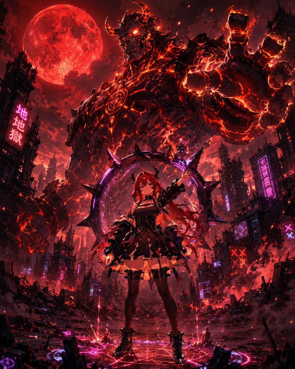 Summoning a towering fire giant In a desolate wasteland under a blood-red moon (gritty cyberpunk aesthetic, neon highlights)