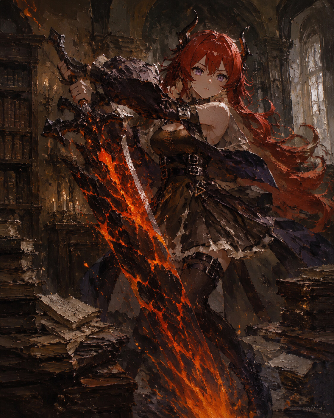Swinging a massive molten greatsword in a quiet library filled with dusty archives (moody oil painting)