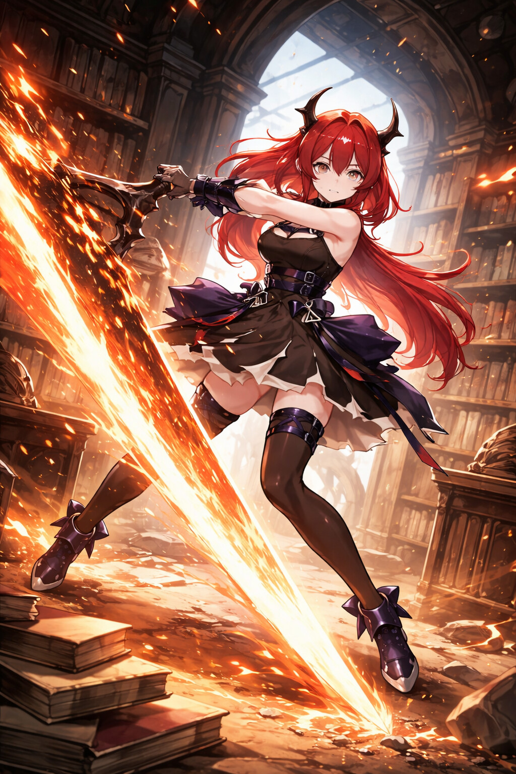 Swinging a massive molten greatsword in a quiet library filled with dusty archives (vibrant anime art)