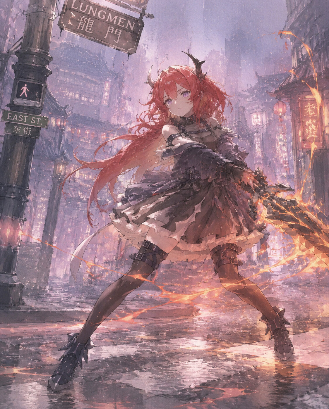Swinging a massive molten greatsword on a rainy street corner in Lungmen (soft watercolor style)
