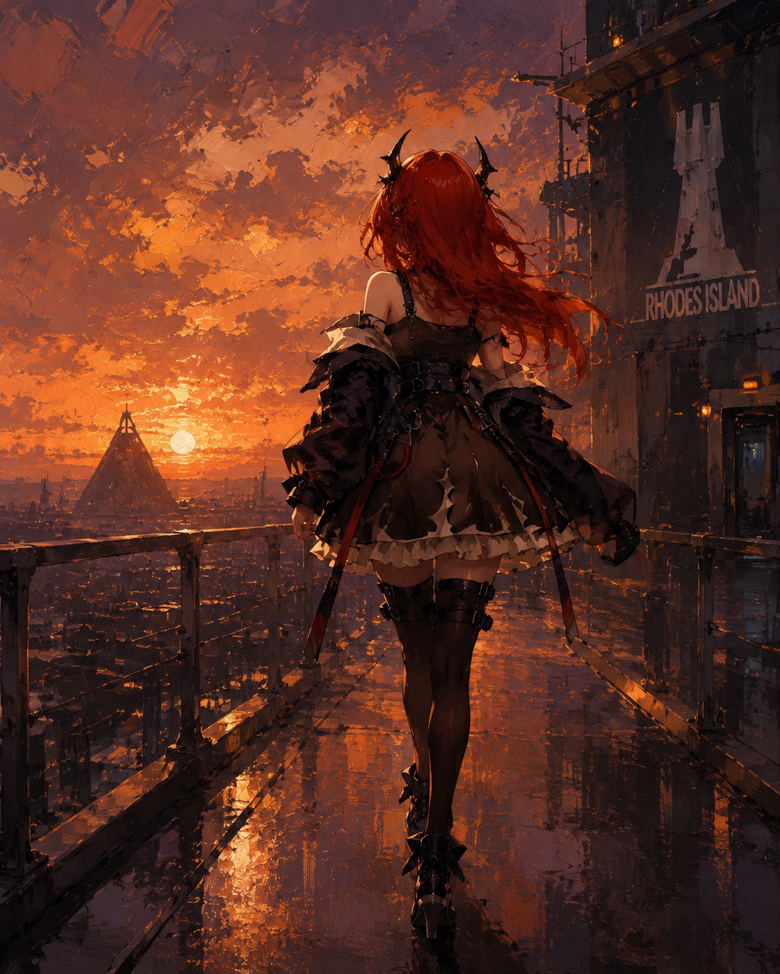 Walking away without looking back On a high-tech Rhodes Island balcony at sunset (moody oil painting, thick brushstrokes)