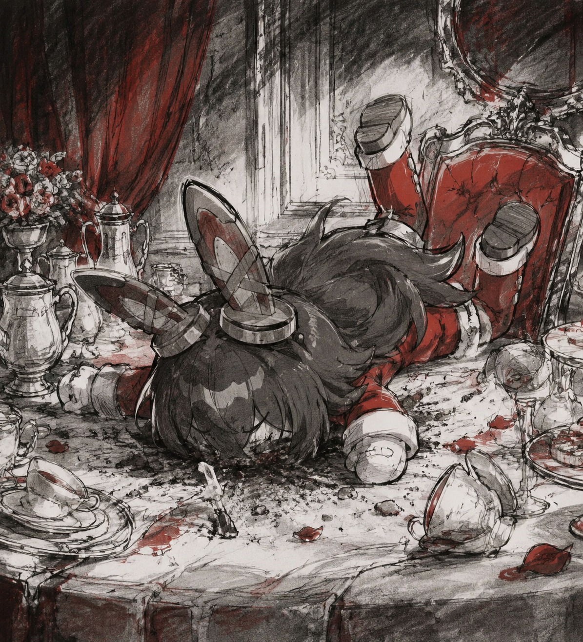 Falling face-first into the dirt At a fancy banquet table with tea sets (dark charcoal sketch with red accents)