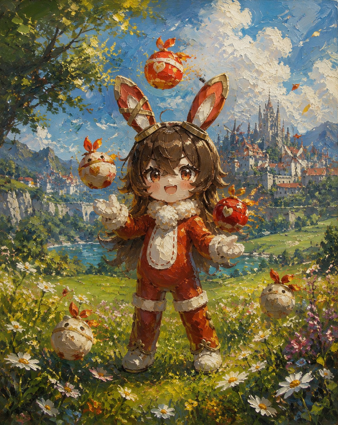 Juggling small pyro bombs In a lush meadow outside Mondstadt (cinematic oil painting with thick impasto)