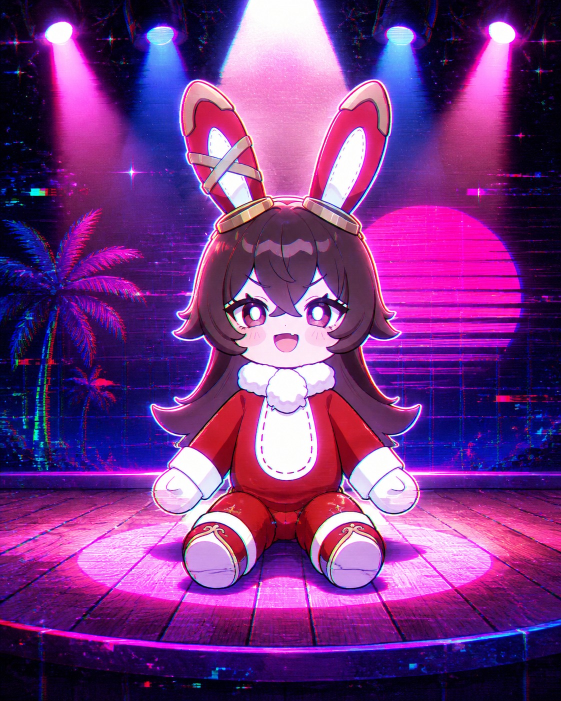Sitting perfectly still On a wooden stage under bright spotlights (vaporwave glitch art with neon glows)