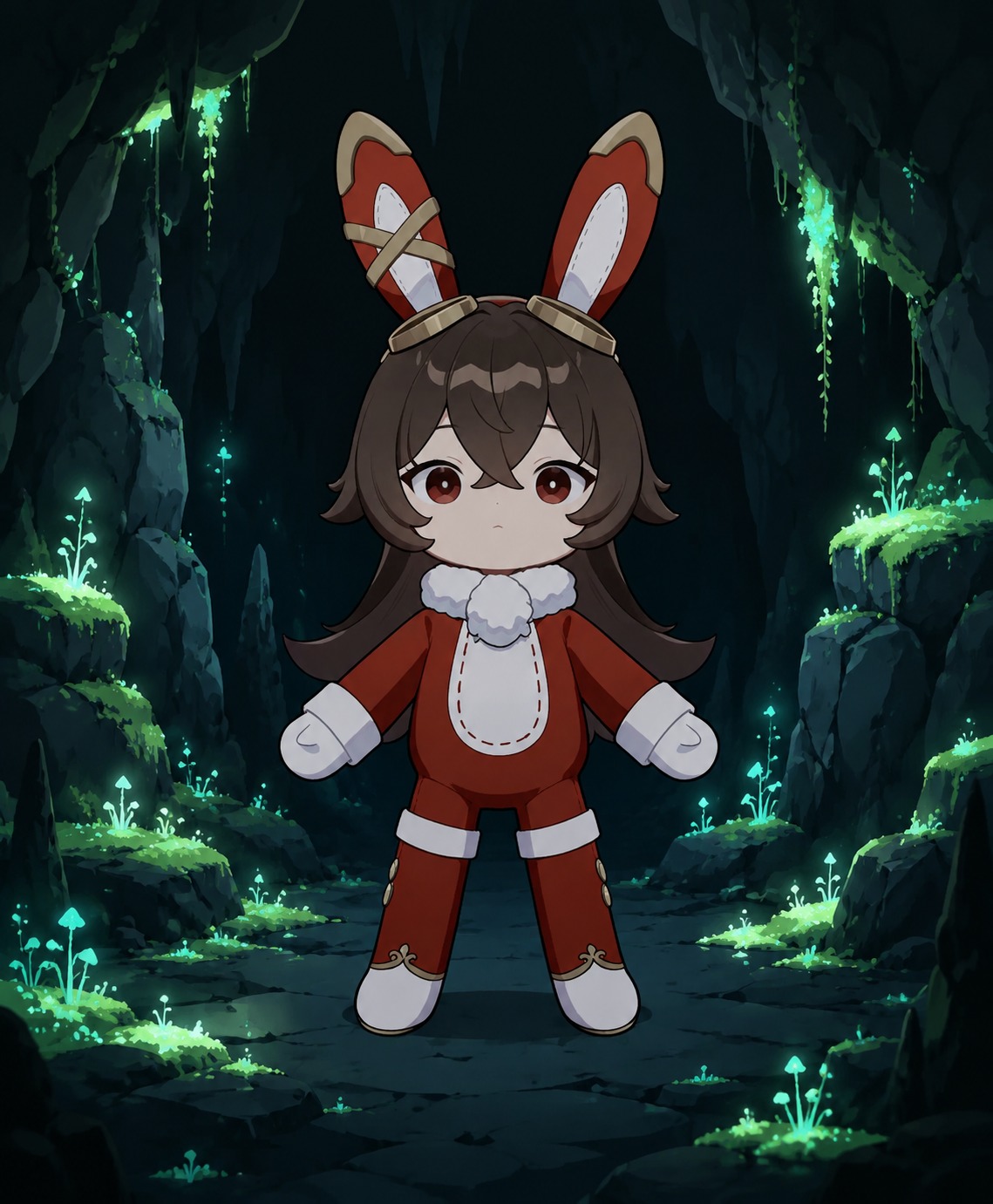 Staring blankly with unblinking eyes In a dark cavern illuminated by glowing moss (clean vector illustration with flat colors)