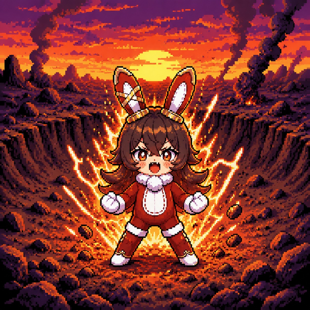 Vibrating with explosive energy In a scorched crater during a sunset (retro 8-bit pixel art)
