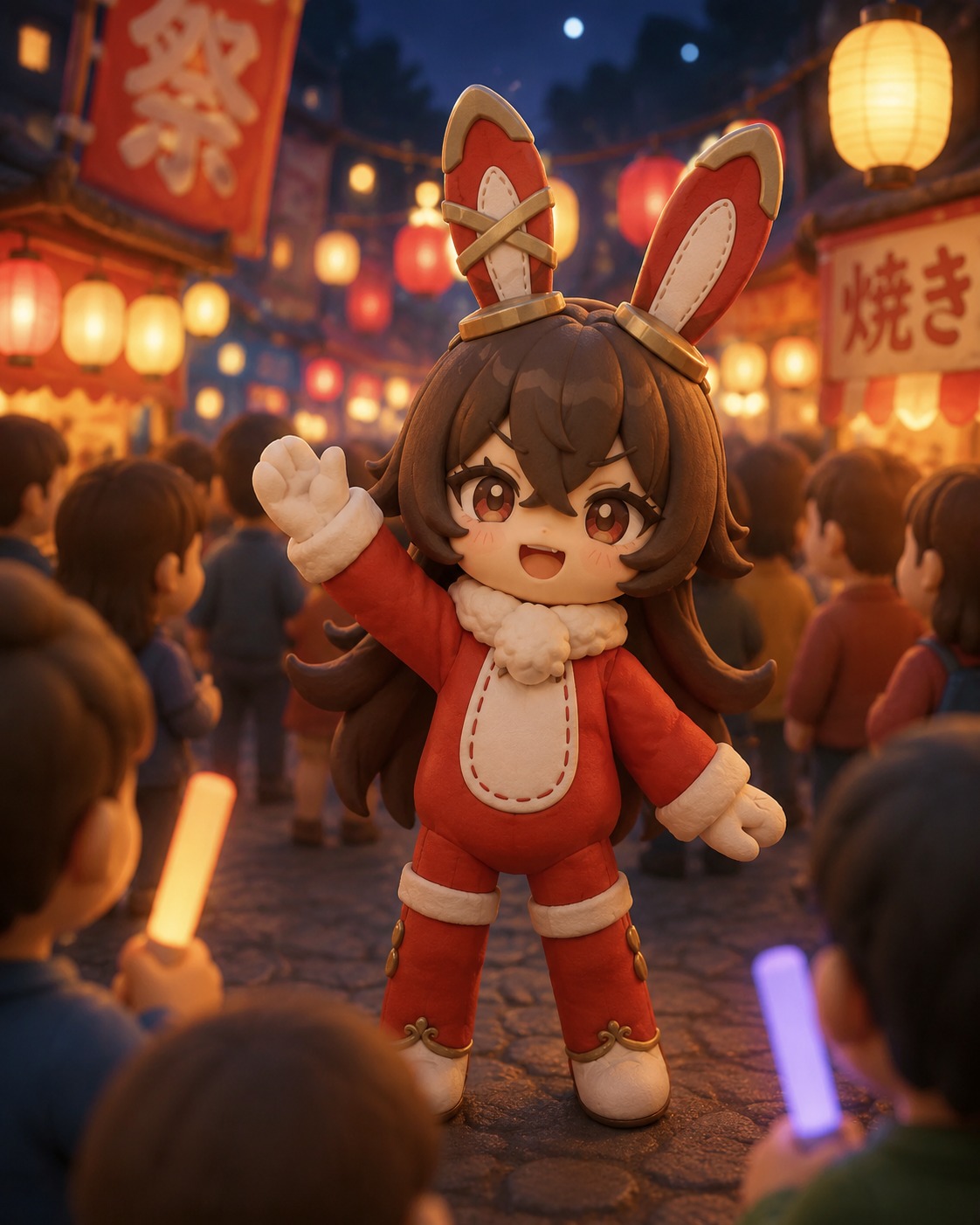 Waving enthusiastically at a crowd At a bustling nighttime street festival (soft 3D claymation aesthetic)
