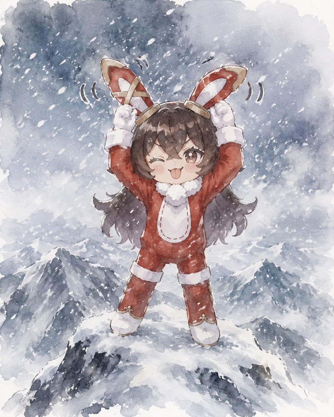 Wiggling its ears mockingly On a snowy mountain peak during a heavy blizzard (ethereal watercolor with bleeding edges)