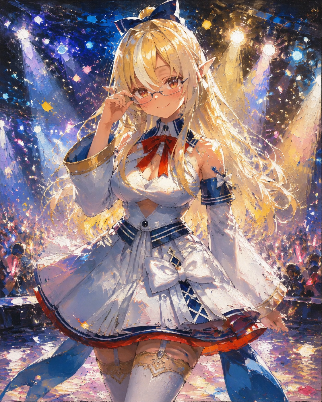 Adjusting her glasses with a shy smile On a brightly lit concert stage (dynamic oil painting, thick textured brushstrokes)