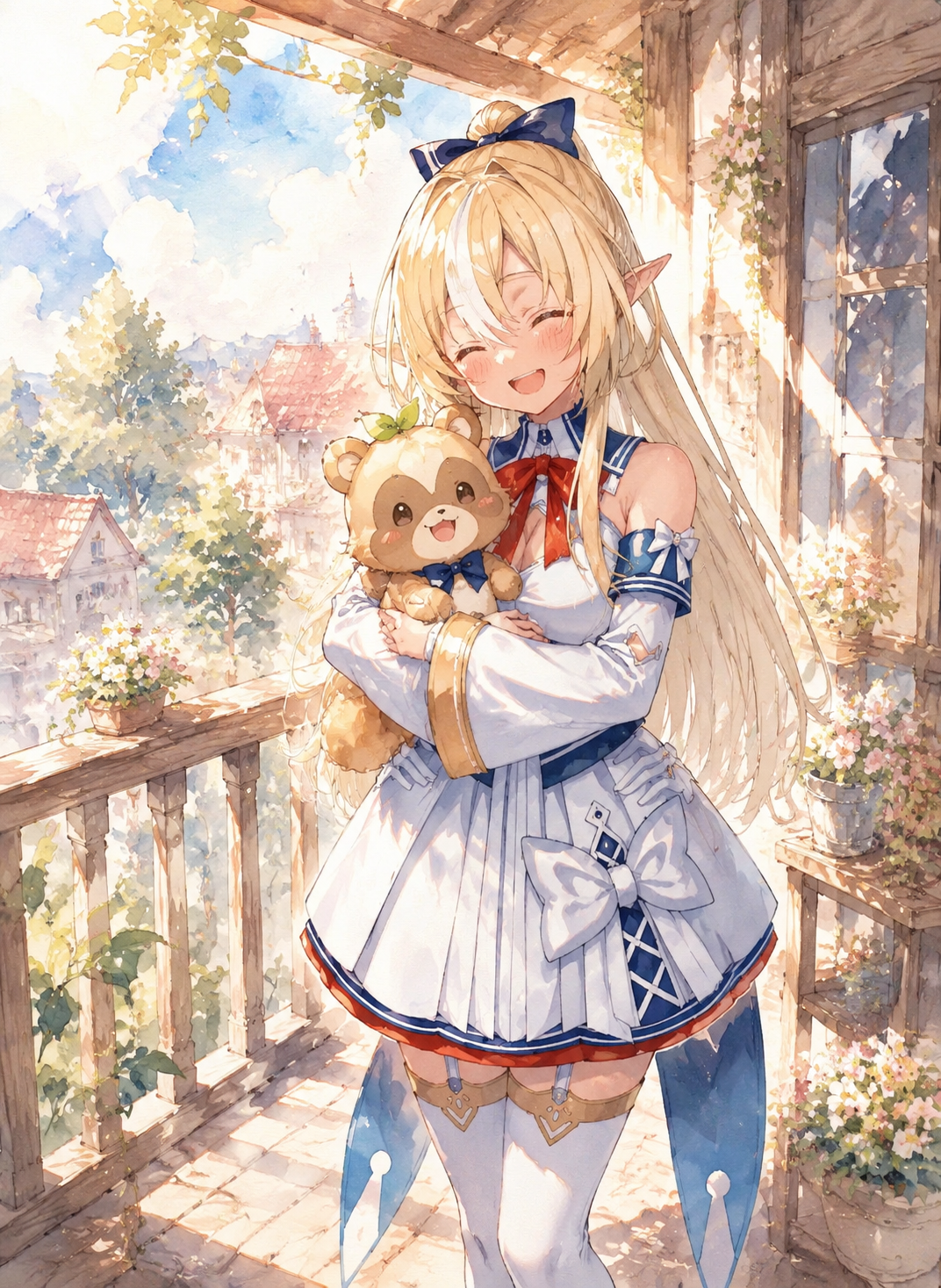 Laughing while holding a small mascot On a sun-drenched wooden balcony (watercolor anime, soft pastel lighting)