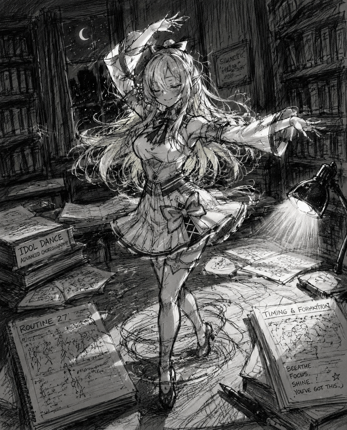 Practicing a complex idol dance routine At a quiet library desk at midnight (sketchy charcoal drawing, expressive messy lines)