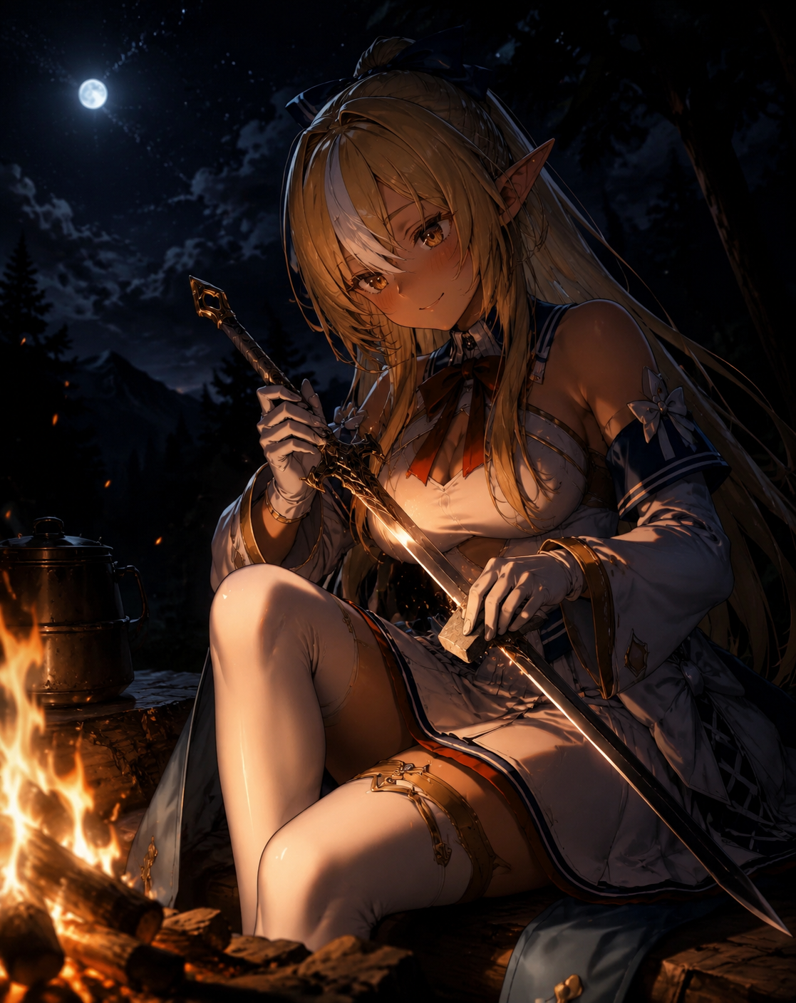 Sharpening an ornate elven rapier At a cozy campfire under starlight (cinematic noir, sharp shadows and high contrast)