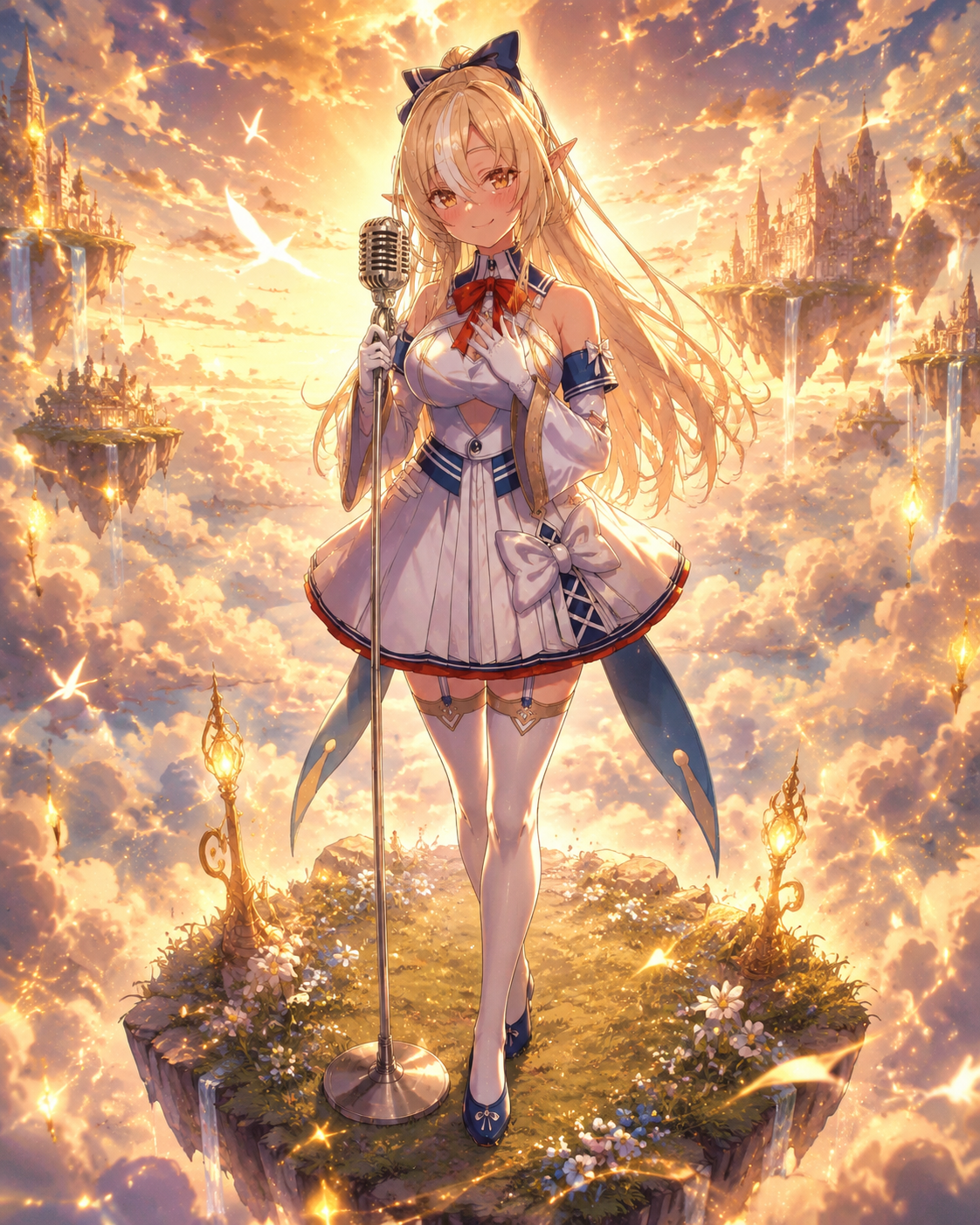 Singing into a vintage silver microphone On a floating island amidst golden clouds (ethereal fantasy art, glowing particles)