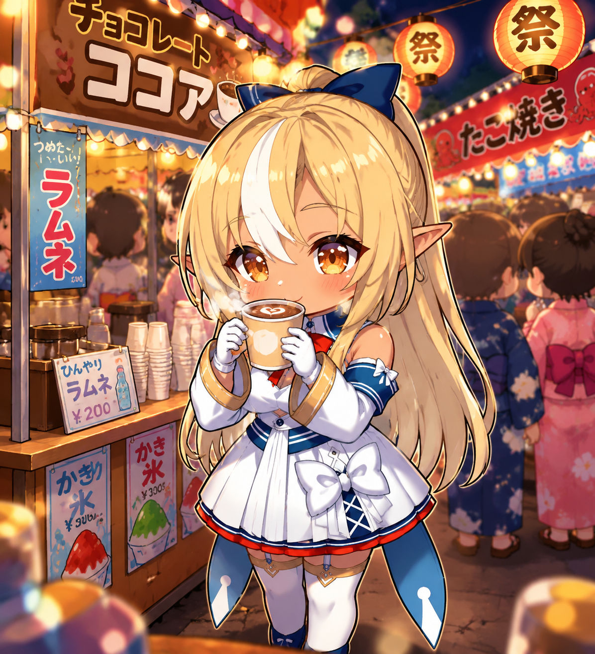 Sipping a cup of warm cocoa At a crowded summer festival stall (chibi style, vibrant pop colors)
