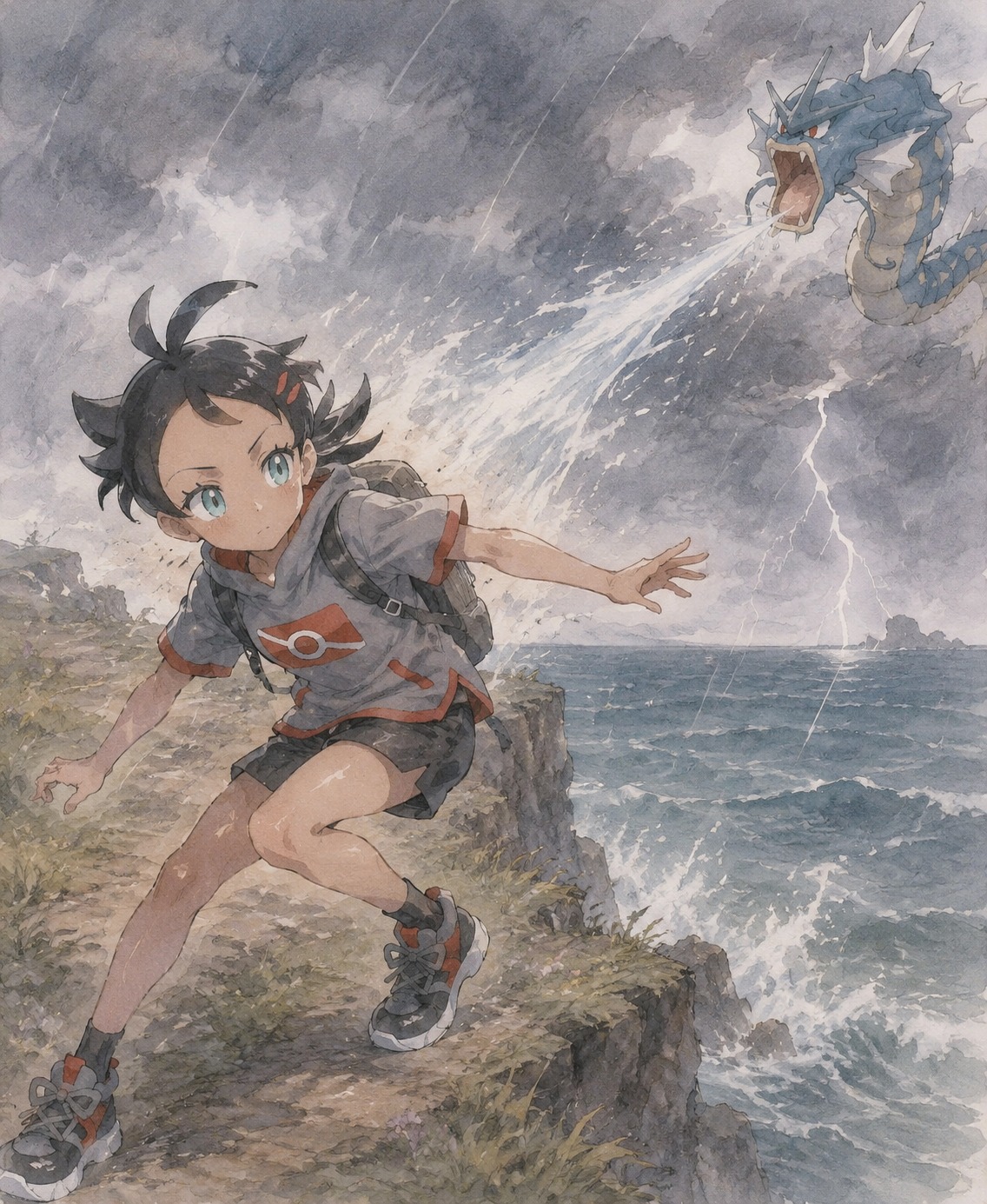 Dodging a wild pokémon's attack On a stormy cliff overlooking the ocean (soft watercolor with delicate lines)