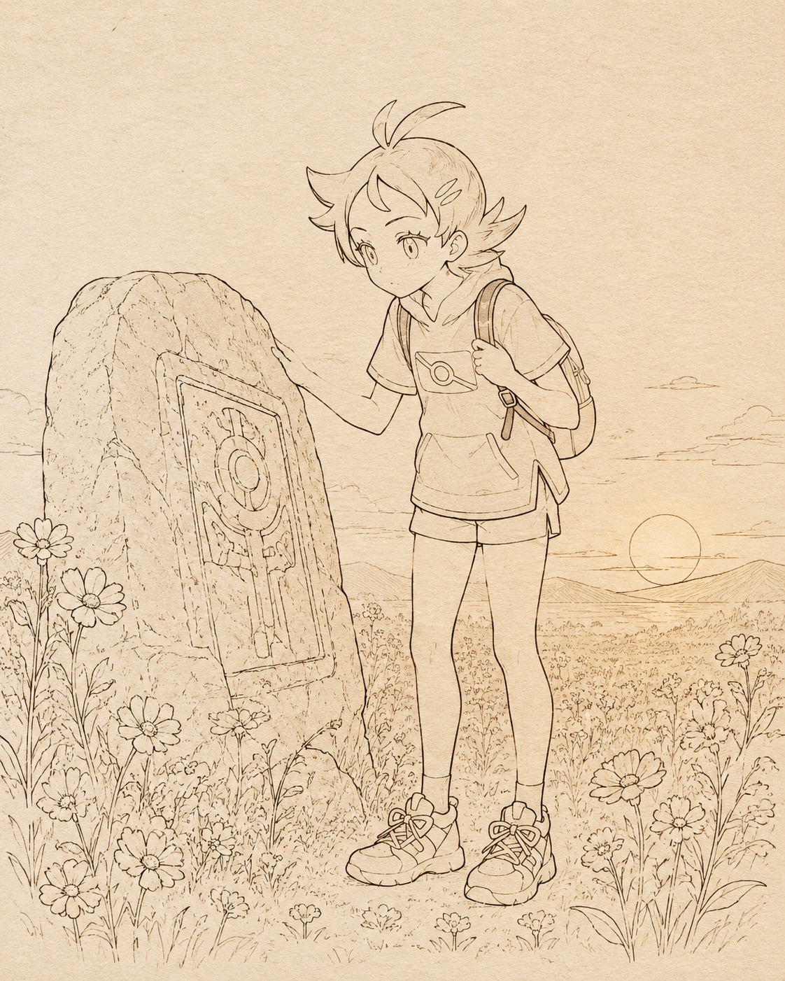 Examining an ancient stone carving In a field of flowers during sunset (minimalist line art on textured paper)