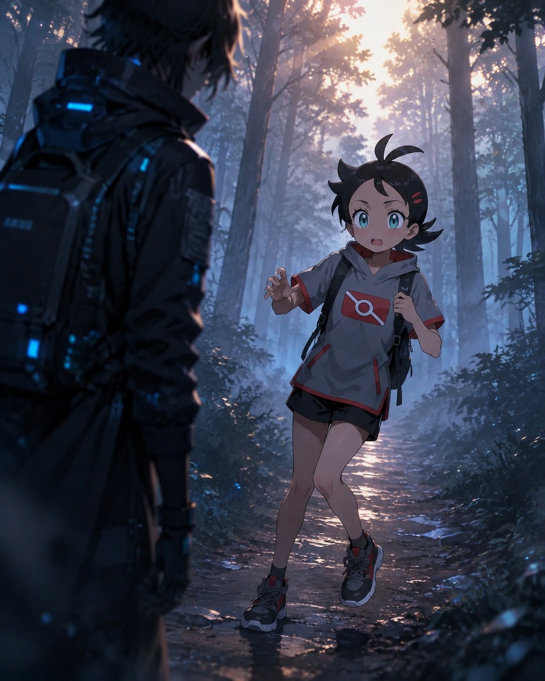 Stumbling nervously while meeting a stranger On a misty forest path at dawn (high-tech futuristic digital art)