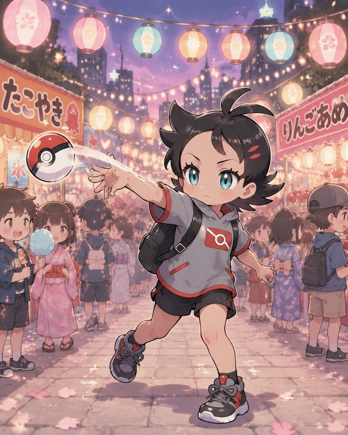 Throwing a curved pokéball At a crowded city festival under lanterns (chibi cute style with pastel colors)