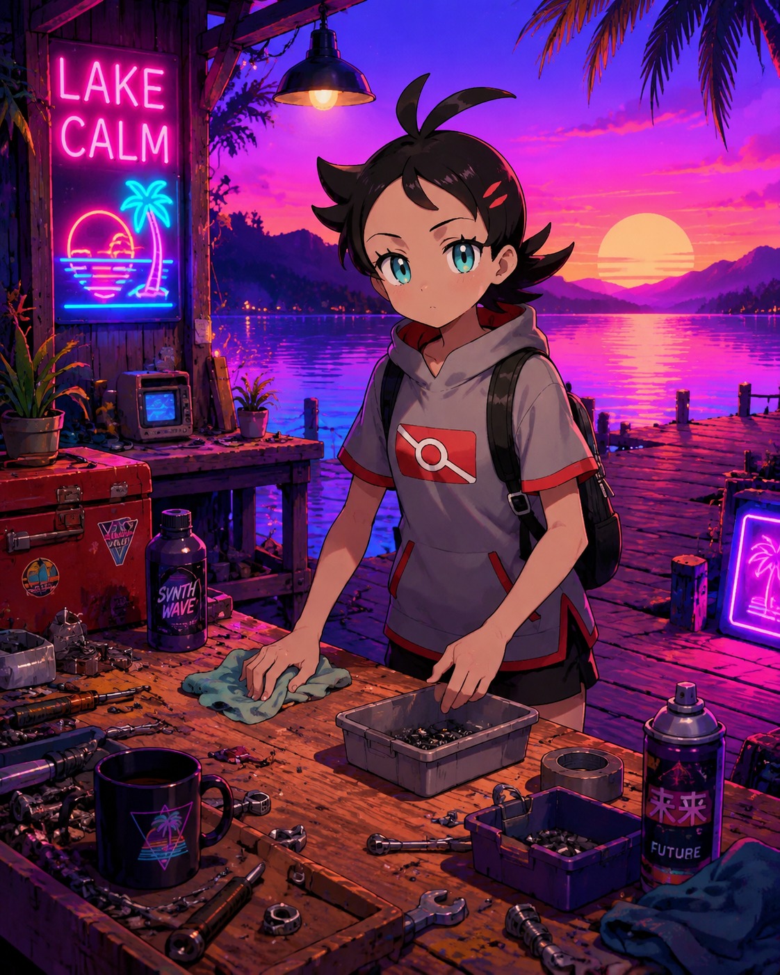 Tidying up a messy workbench On a wooden pier beside a calm lake (vibrant vaporwave aesthetic with neon glows)