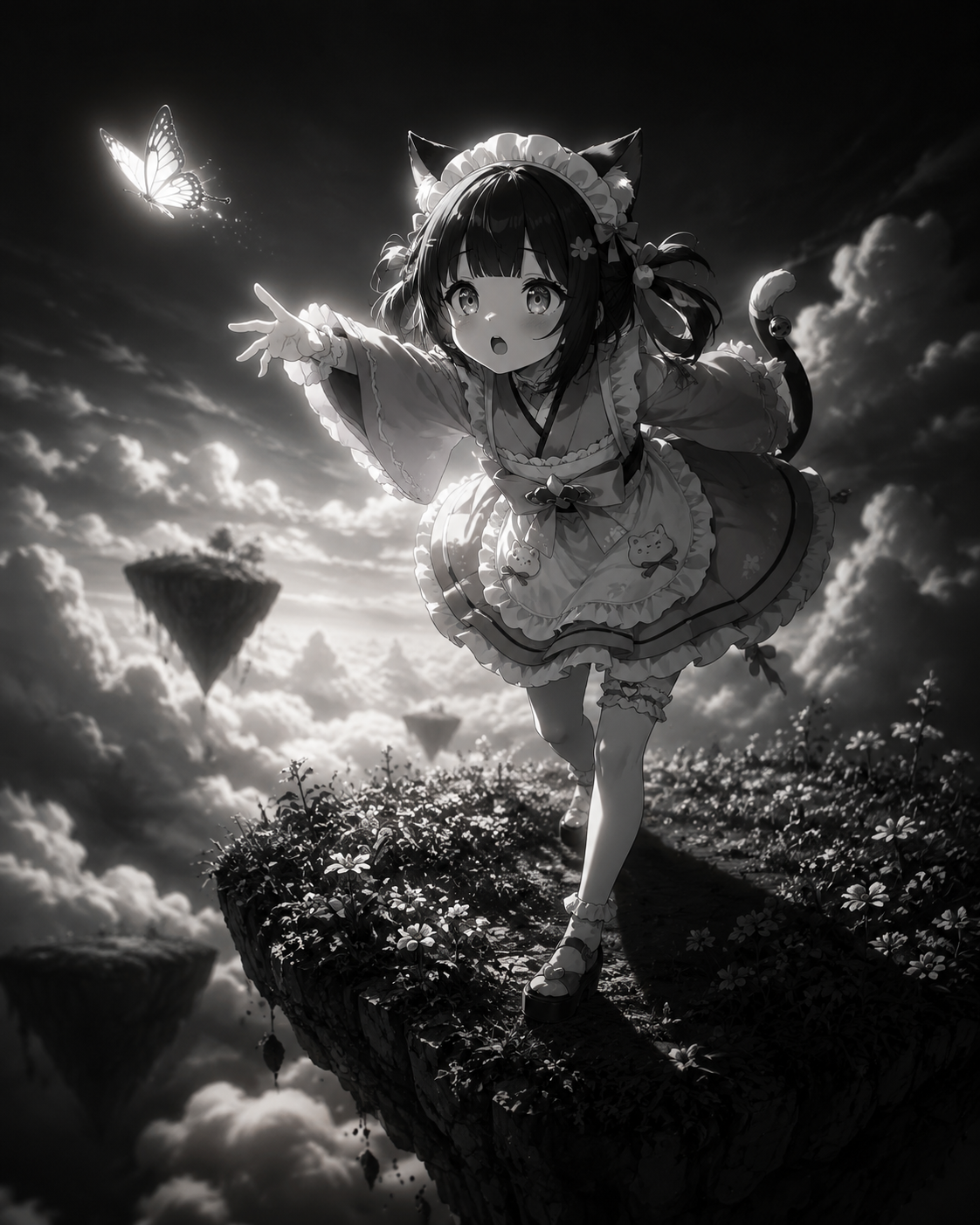 Chasing a butterfly with wide eyes On a floating island above a sea of clouds (cinematic noir, dramatic shadows)
