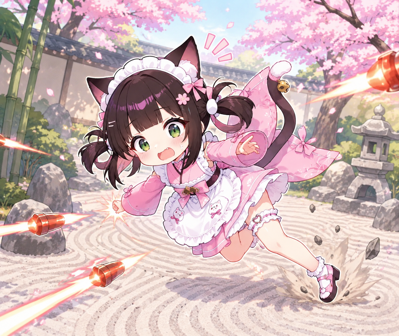 Dodging incoming fire with a frantic leap In a quiet Zen garden with raked sand (chibi art style, vibrant pastel colors)