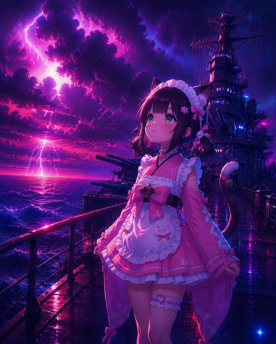 Gazing at the clouds in silent wonder On the deck of a battleship during a storm (retro synthwave aesthetic, neon glow)