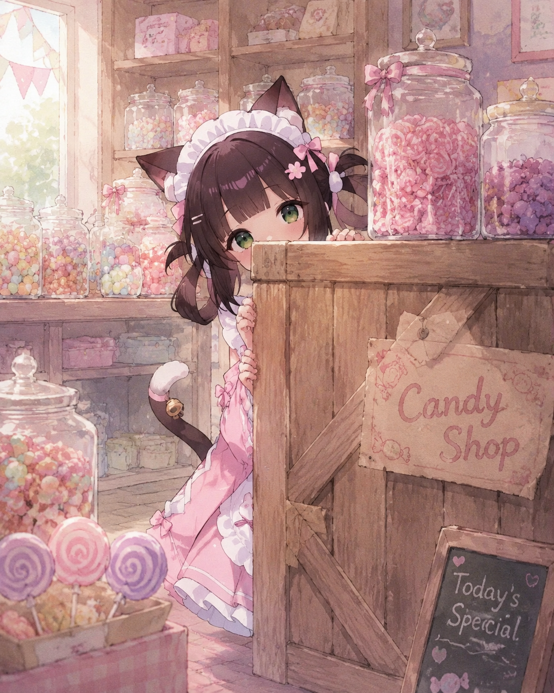 Hiding behind a large wooden crate At a candy shop filled with glass jars (watercolor anime, soft lighting)