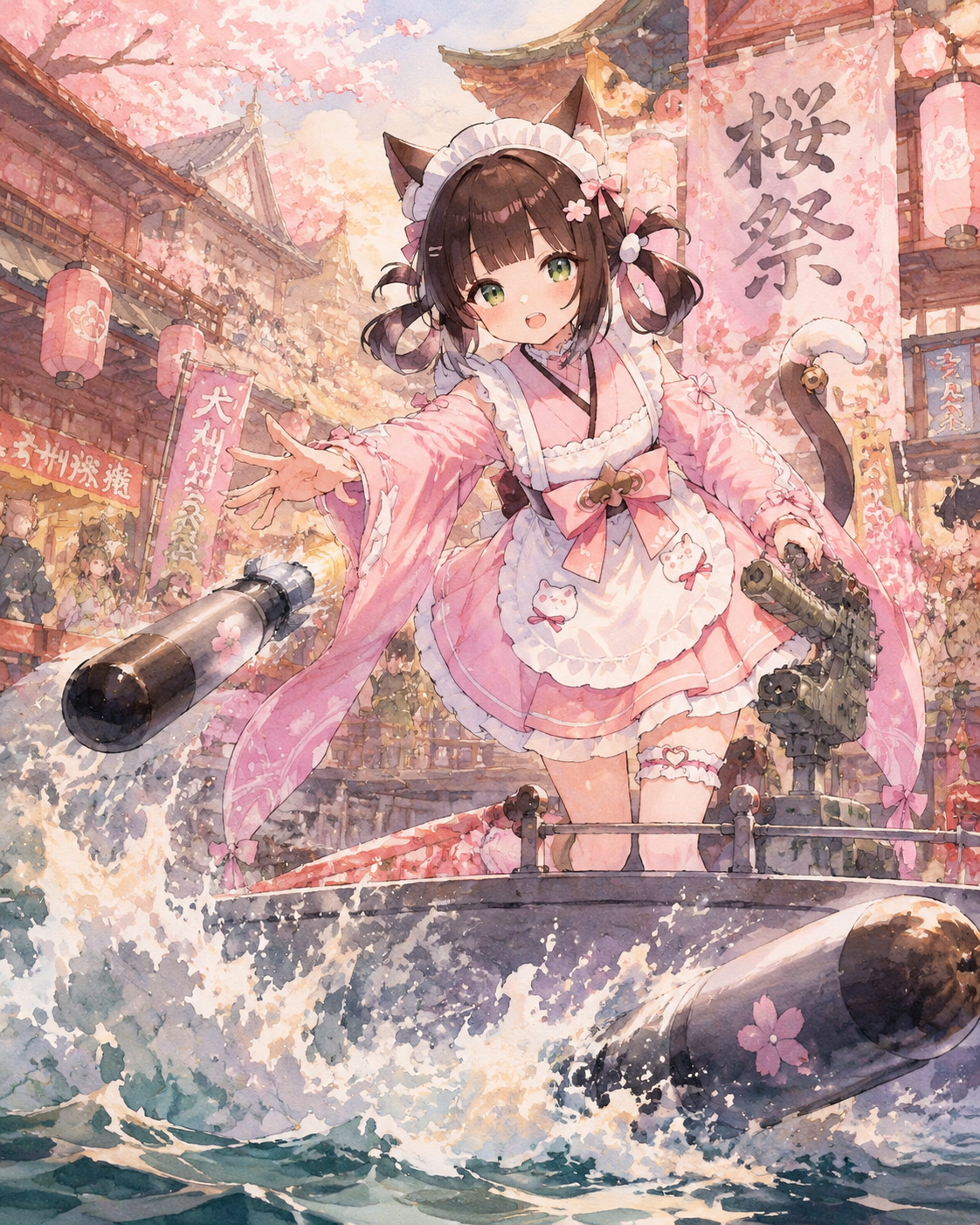 Launching torpedoes into the churning sea At a bustling Sakura Empire street festival (watercolor anime, soft lighting)