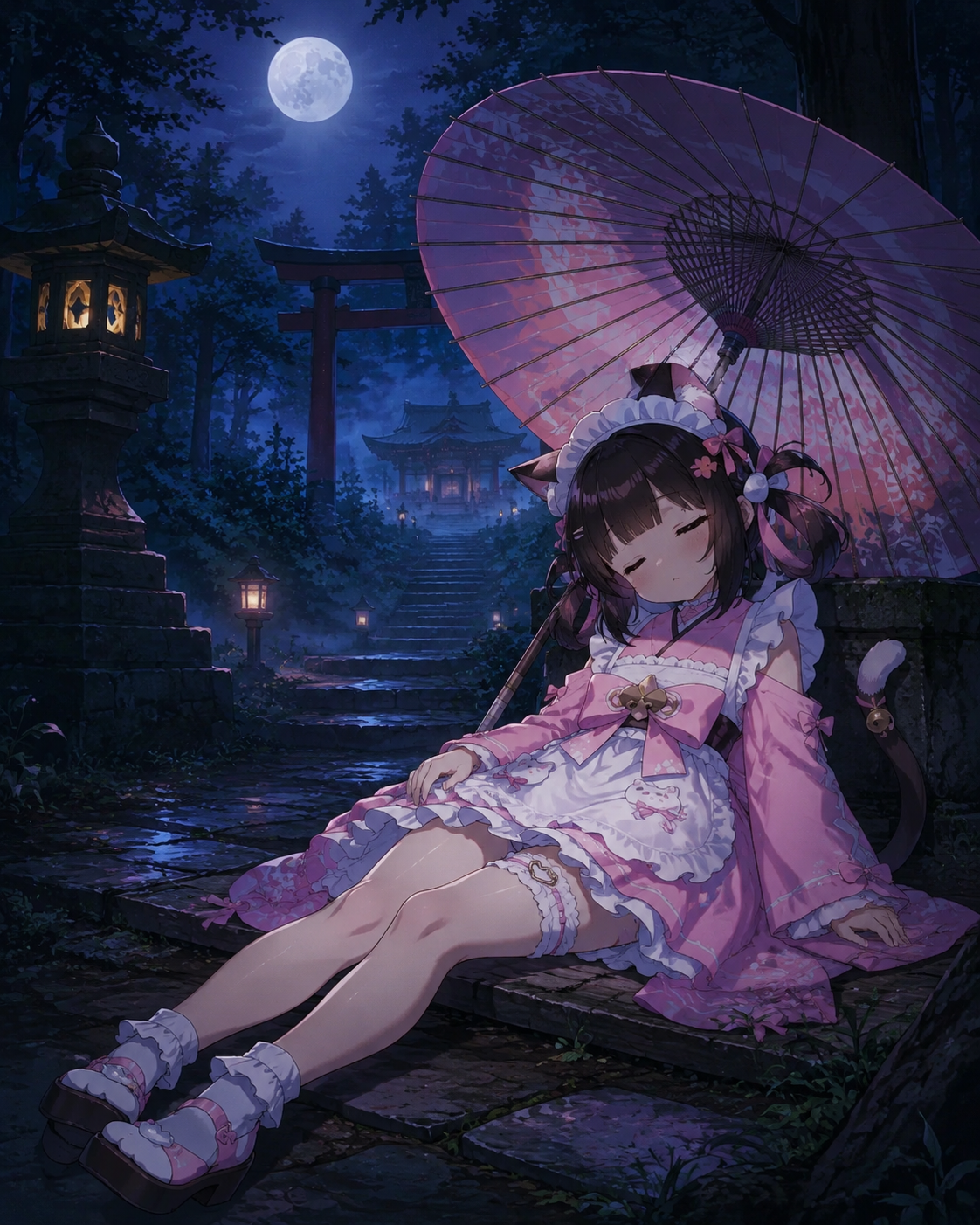 Napping soundly under a paper parasol At a misty forest shrine under moonlight (high-detail 90s cel-shaded animation)
