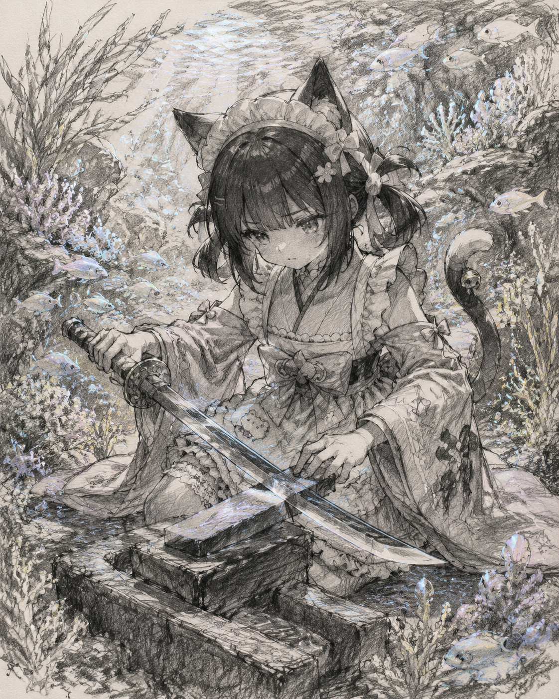 Sharpening a ceremonial katana with intense focus In an iridescent coral reef with glowing fish (rough charcoal sketch on textured paper)