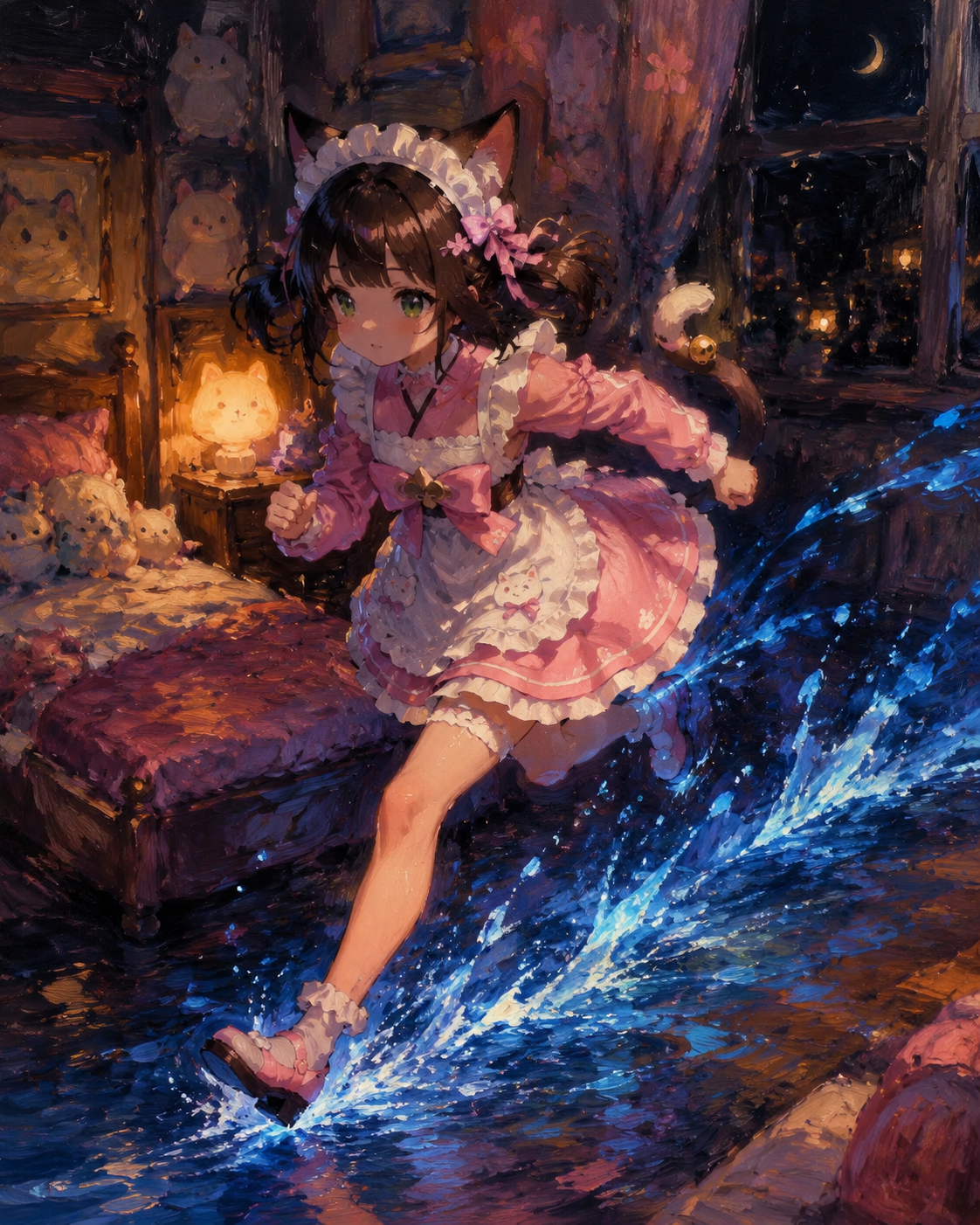 Sprinting across the water leaving blue trails In a cozy bedroom lit by a nightlight (oil painting, thick brushstrokes)
